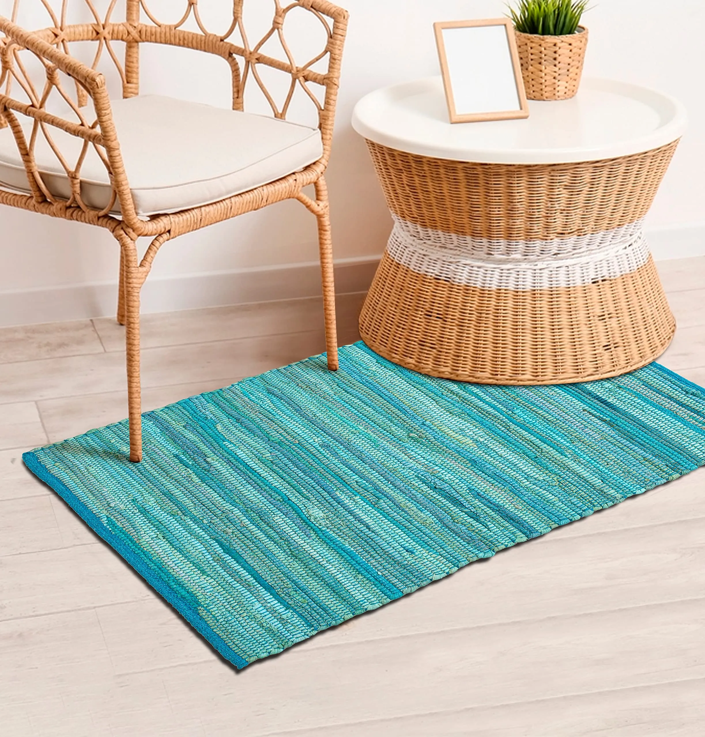 100% Cotton Rag Rug 24x36 - Multicolor Chindi Rug - Hand Woven & Reversible for Living Room Kitchen Entryway Rug - Teal