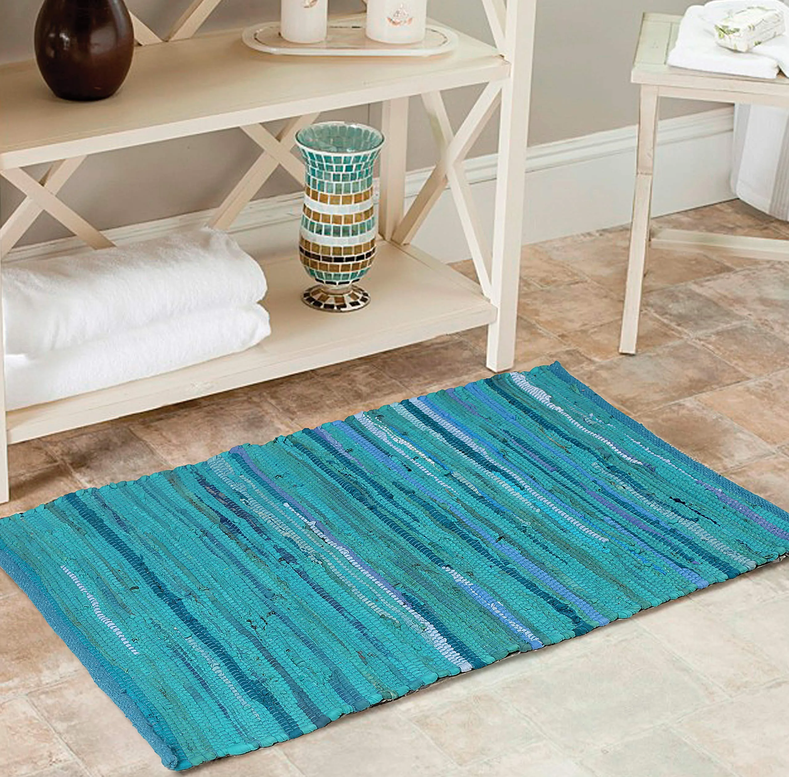 100% Cotton Rag Rug 24x36 - Multicolor Chindi Rug - Hand Woven & Reversible for Living Room Kitchen Entryway Rug - Teal