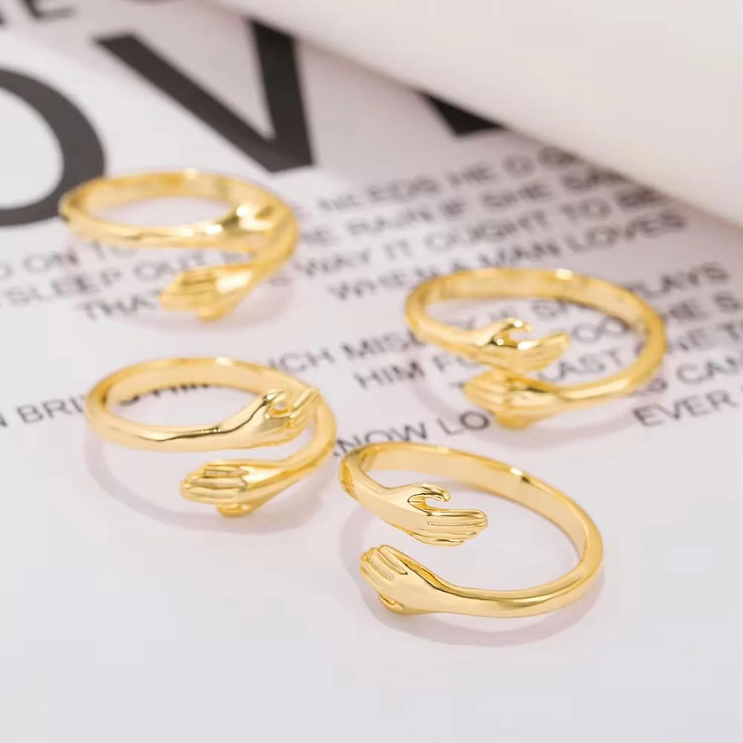 10K 14K 18K Gold Hug Rings/Hand Heart Rings for Women Custom Engraved Adjustable Hugging Hand/Heart Hand Statement Ring for Her