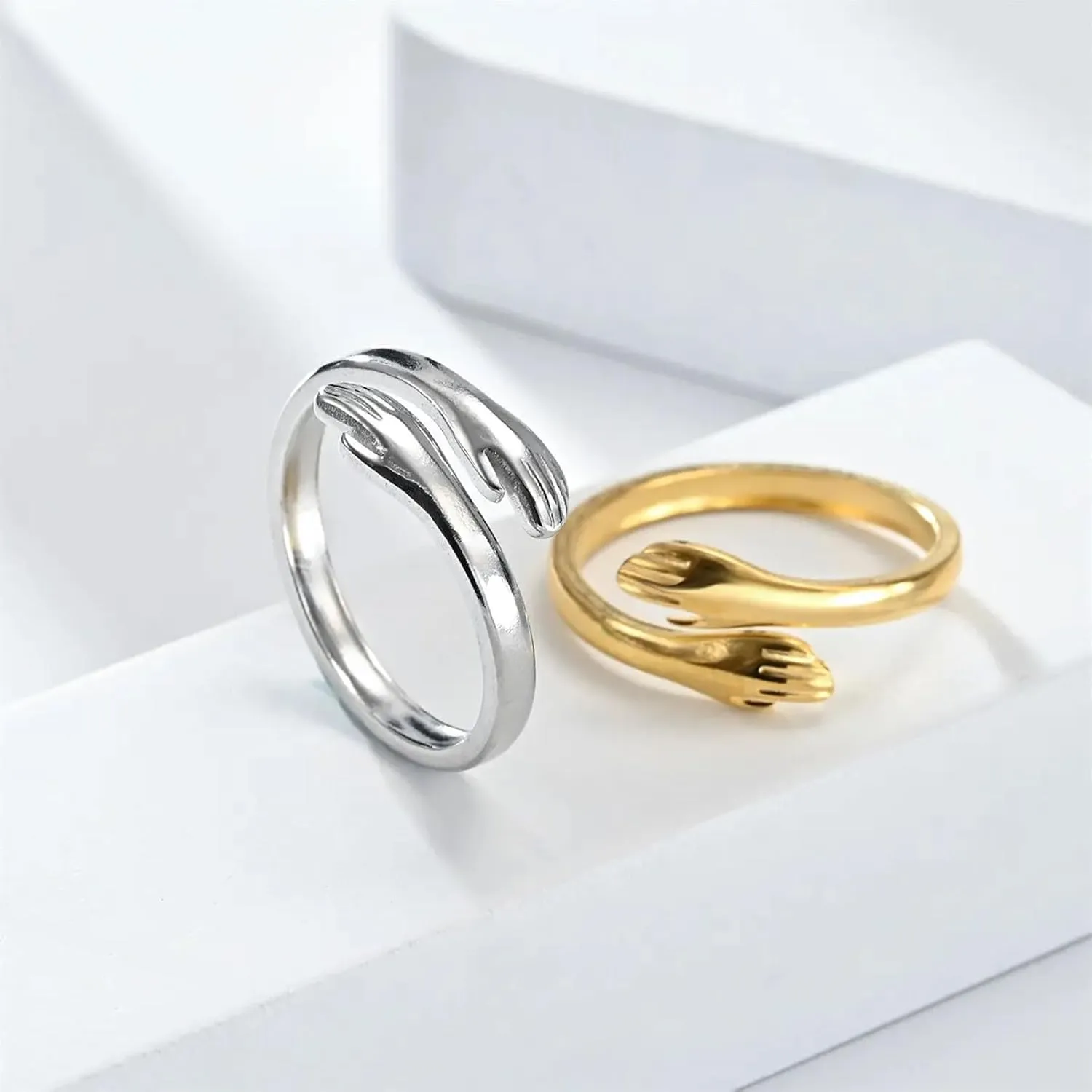 10K 14K 18K Gold Hug Rings/Hand Heart Rings for Women Custom Engraved Adjustable Hugging Hand/Heart Hand Statement Ring for Her