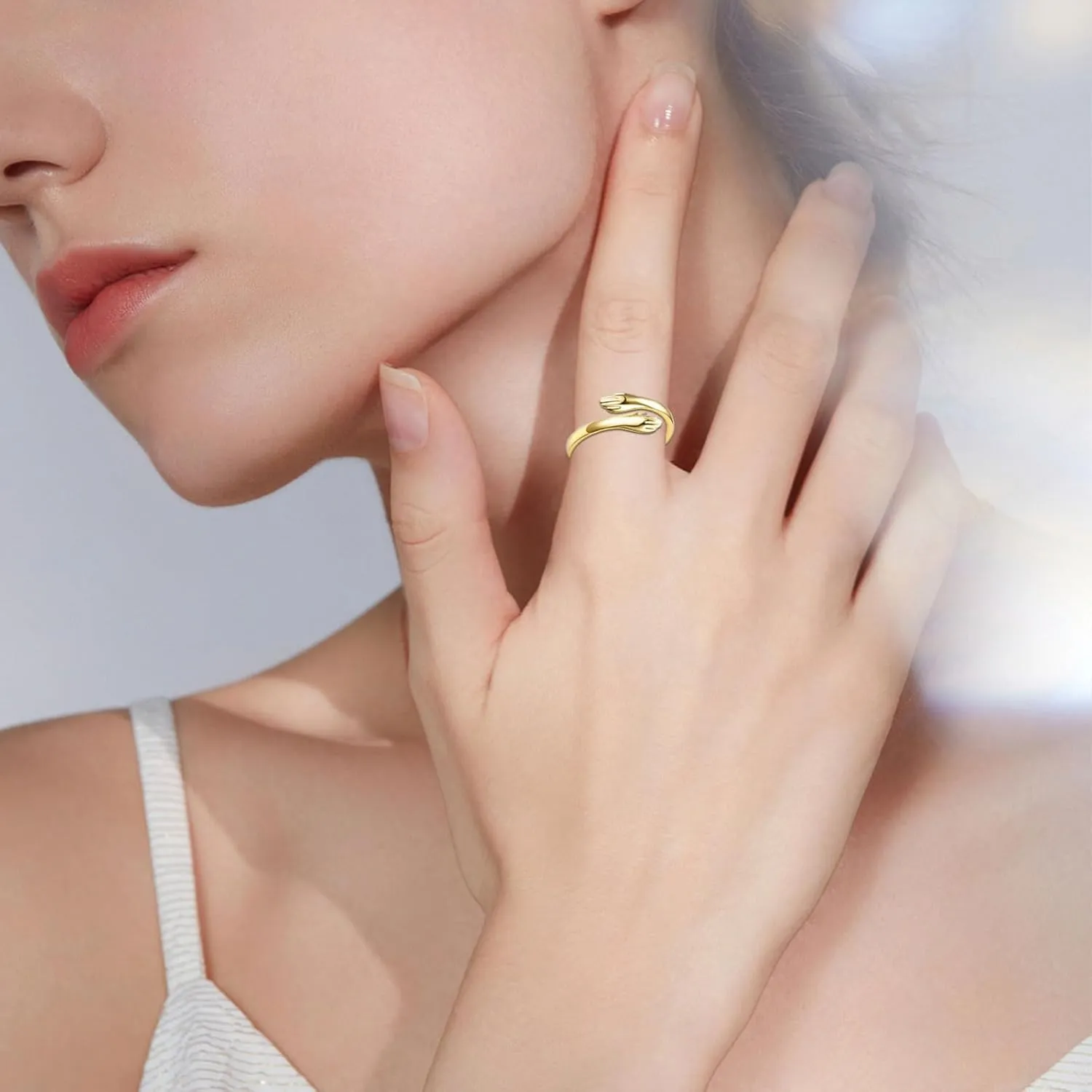 10K 14K 18K Gold Hug Rings/Hand Heart Rings for Women Custom Engraved Adjustable Hugging Hand/Heart Hand Statement Ring for Her