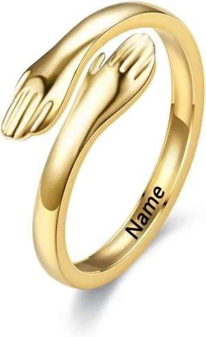 10K 14K 18K Gold Hug Rings/Hand Heart Rings for Women Custom Engraved Adjustable Hugging Hand/Heart Hand Statement Ring for Her