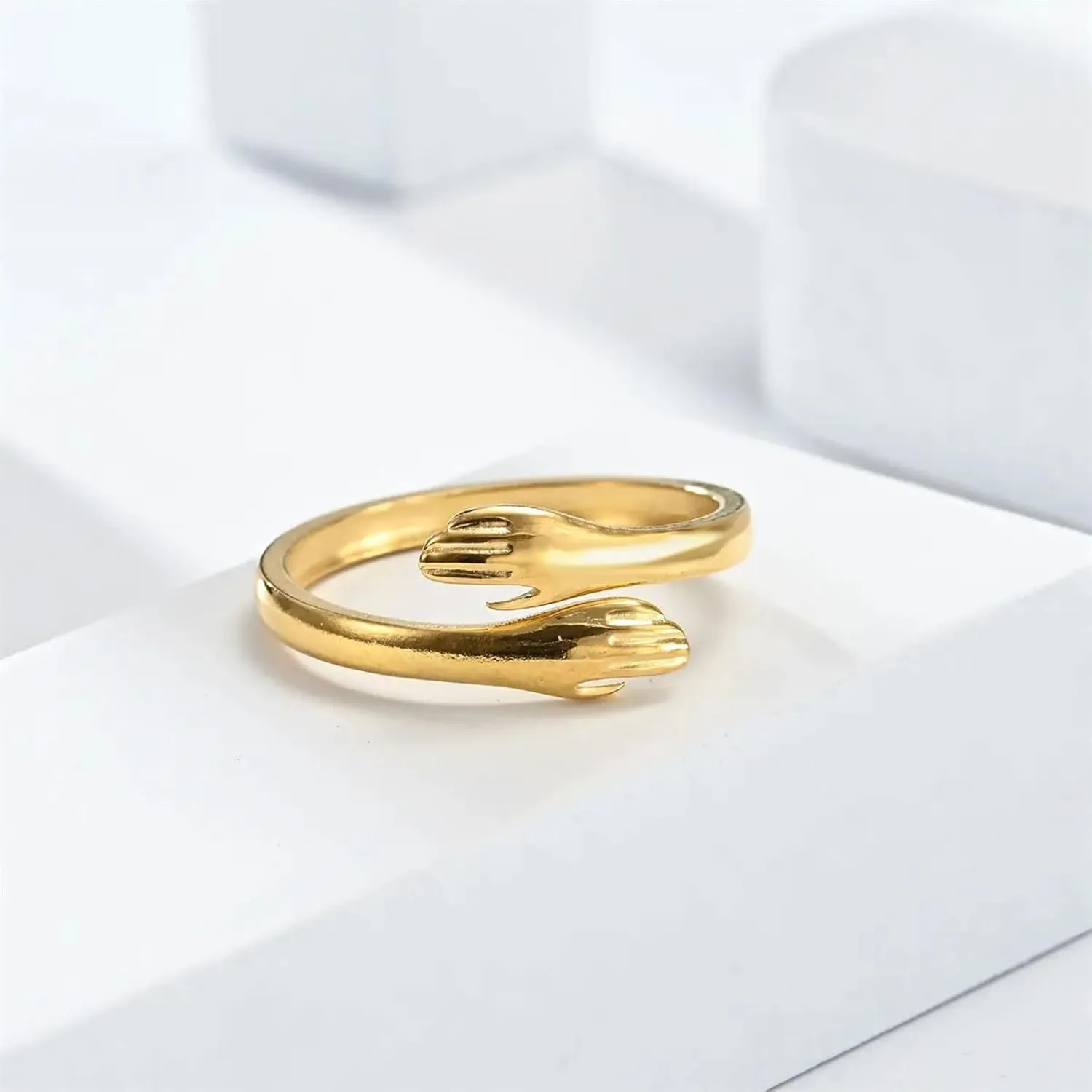 10K 14K 18K Gold Hug Rings/Hand Heart Rings for Women Custom Engraved Adjustable Hugging Hand/Heart Hand Statement Ring for Her