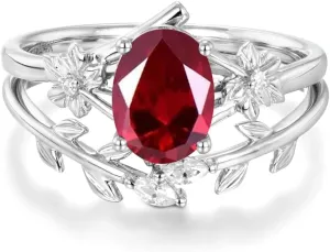 10K 14K 18K Solid Gold Oval Gemstone Engagement Ring Set for Women Leaf Art Deco Rings Set Oval Vintage Vine Gemstone Bridal Wedding Promise Ring Set Size4-15