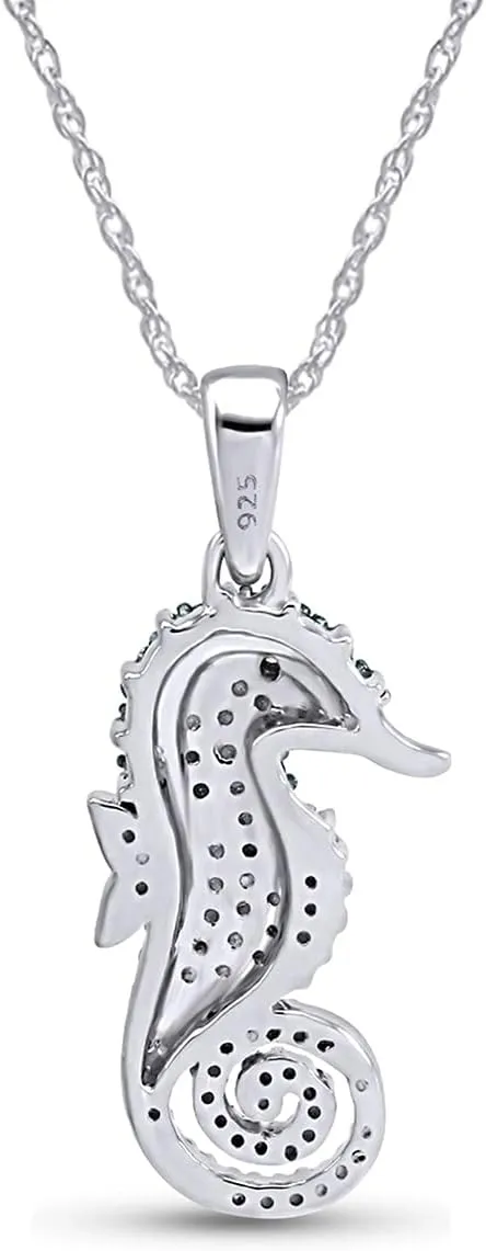 1/10 Carat Round Cut White & Blue Natural Diamond Seahorse Pendant Necklace Jewelry For Women In 14k Gold Over Sterling Silver Along With 18" Silver Chain