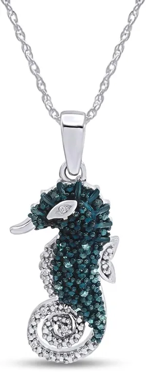 1/10 Carat Round Cut White & Blue Natural Diamond Seahorse Pendant Necklace Jewelry For Women In 14k Gold Over Sterling Silver Along With 18" Silver Chain
