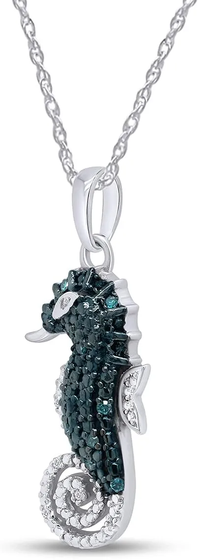 1/10 Carat Round Cut White & Blue Natural Diamond Seahorse Pendant Necklace Jewelry For Women In 14k Gold Over Sterling Silver Along With 18" Silver Chain