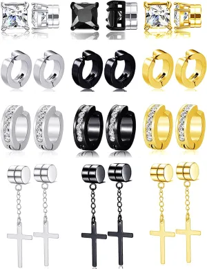 12 Pairs Magnetic Stud Earrings Stainless Steel Non Pierced Earrings Punk CZ Hoop Dangle Hinged Feather Clip on Magnet Earring Set for Men Women Gold Silver Black Tone