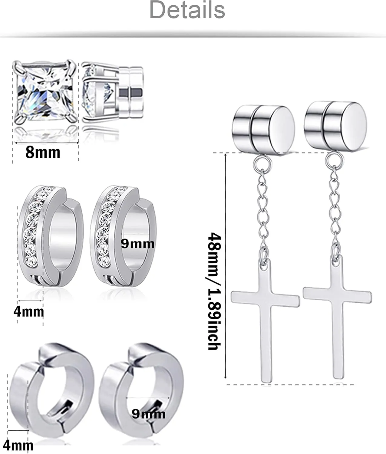 12 Pairs Magnetic Stud Earrings Stainless Steel Non Pierced Earrings Punk CZ Hoop Dangle Hinged Feather Clip on Magnet Earring Set for Men Women Gold Silver Black Tone