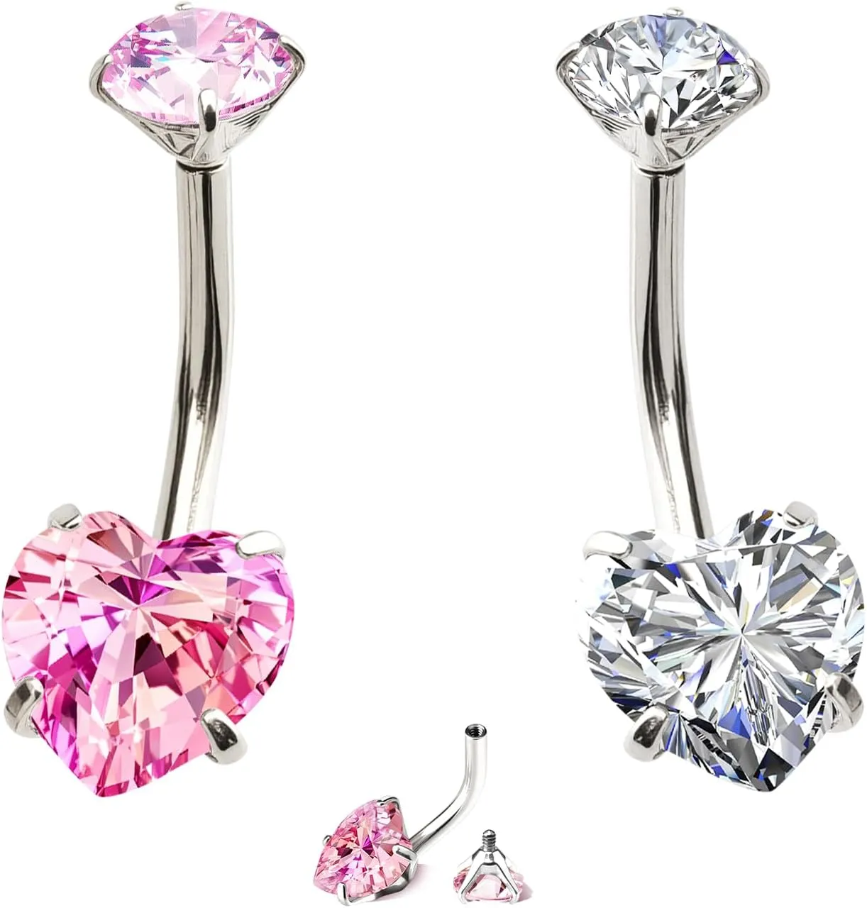 14G Internally Threaded Belly Button Ring - 316L Stainless Steel Silver Shank Navel Jewelry with Pink & White Cubic Zirconia (2-Pack)