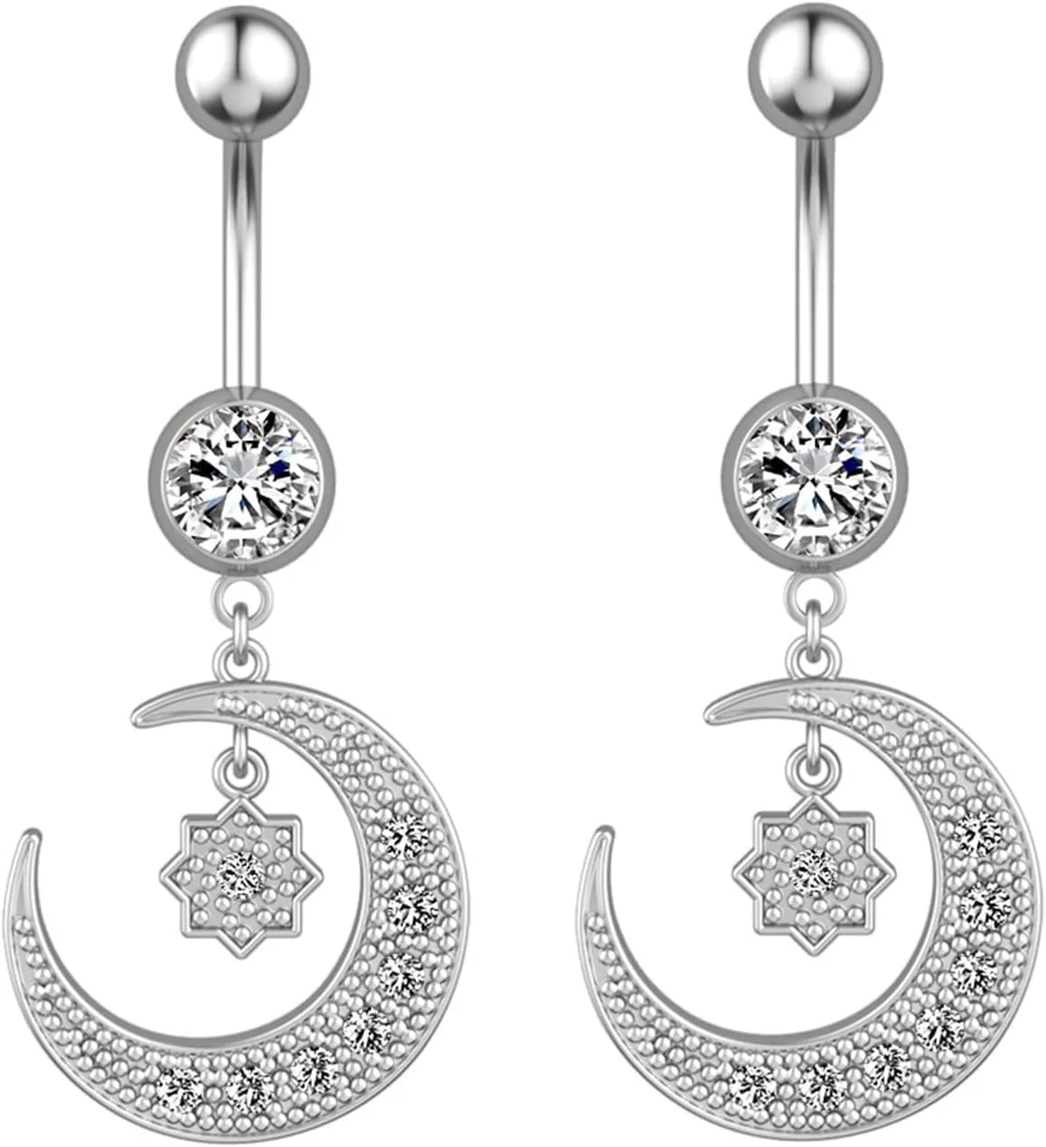 14G Women's Belly Rings, 2pcs Stainless Steel Star Moon White Cubic Zirconia Navel Rings for Women