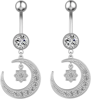 14G Women's Belly Rings, 2pcs Stainless Steel Star Moon White Cubic Zirconia Navel Rings for Women