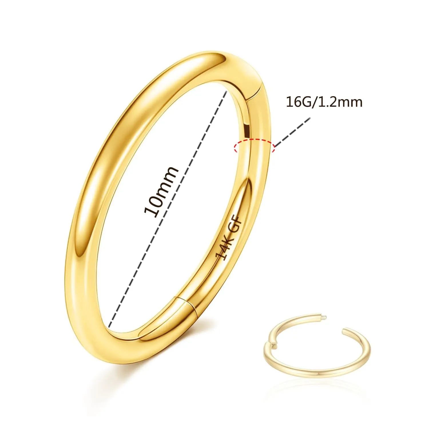 14K Gold Filled Septum Rings Hoop 16G 8mm/10mm Nose Hoop, Cartilage Clicker Hoop Earrings for Rook,Daith, Tragus for Women Men (10)
