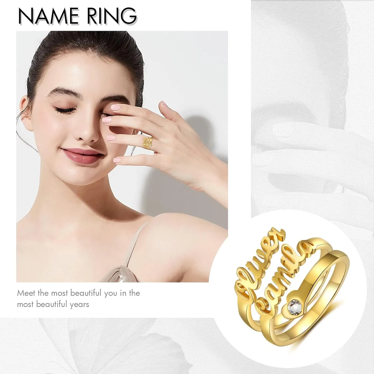 14K Gold Personalized Name Ring Custom customized Name 10K/14K/18K Solid Gold Adjustable Nameplate Made with Any Name Promise Ring Jewelry Gift for Women