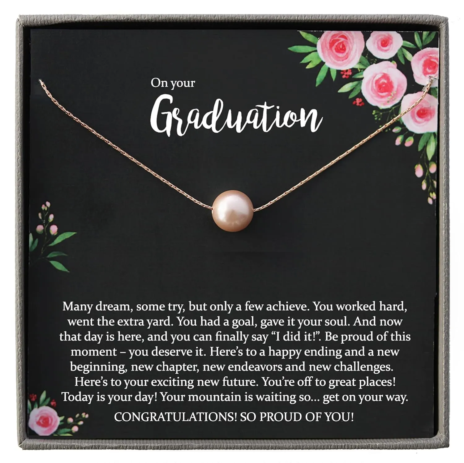 14K Rose Gold Pearl Necklace, Graduation Gifts for Women, Ready to Gift Necklace with Meaningful Message