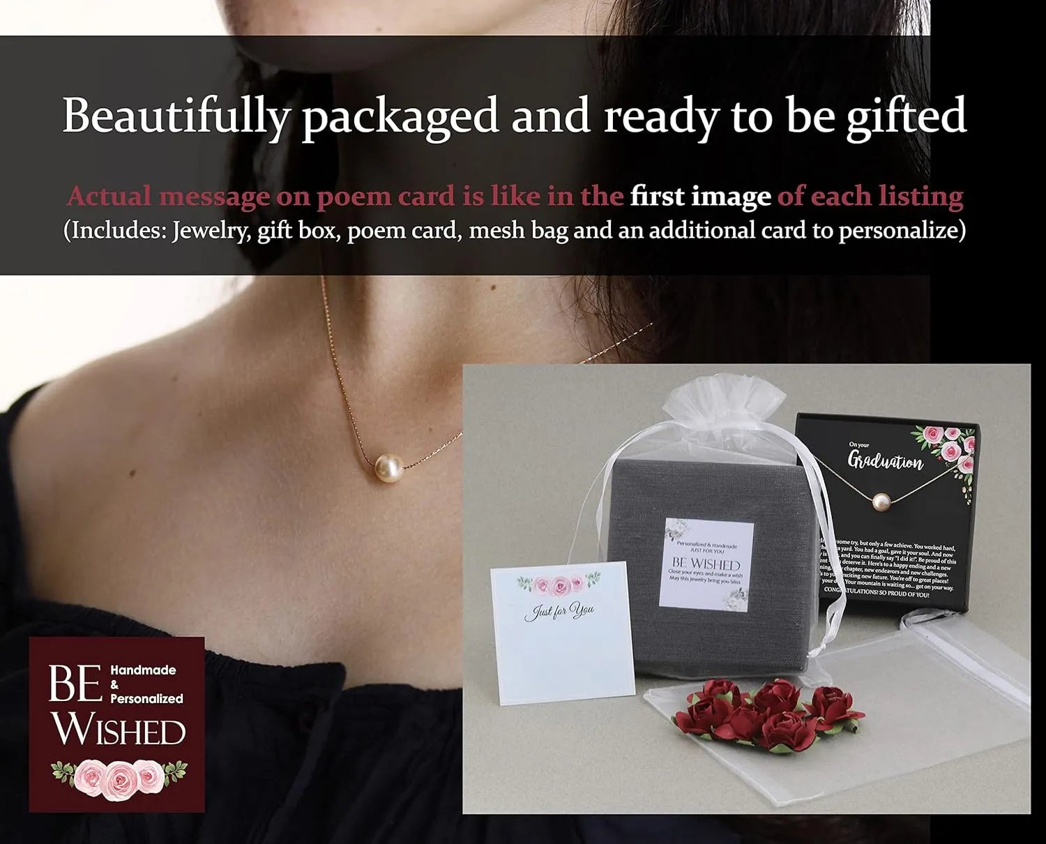 14K Rose Gold Pearl Necklace, Graduation Gifts for Women, Ready to Gift Necklace with Meaningful Message