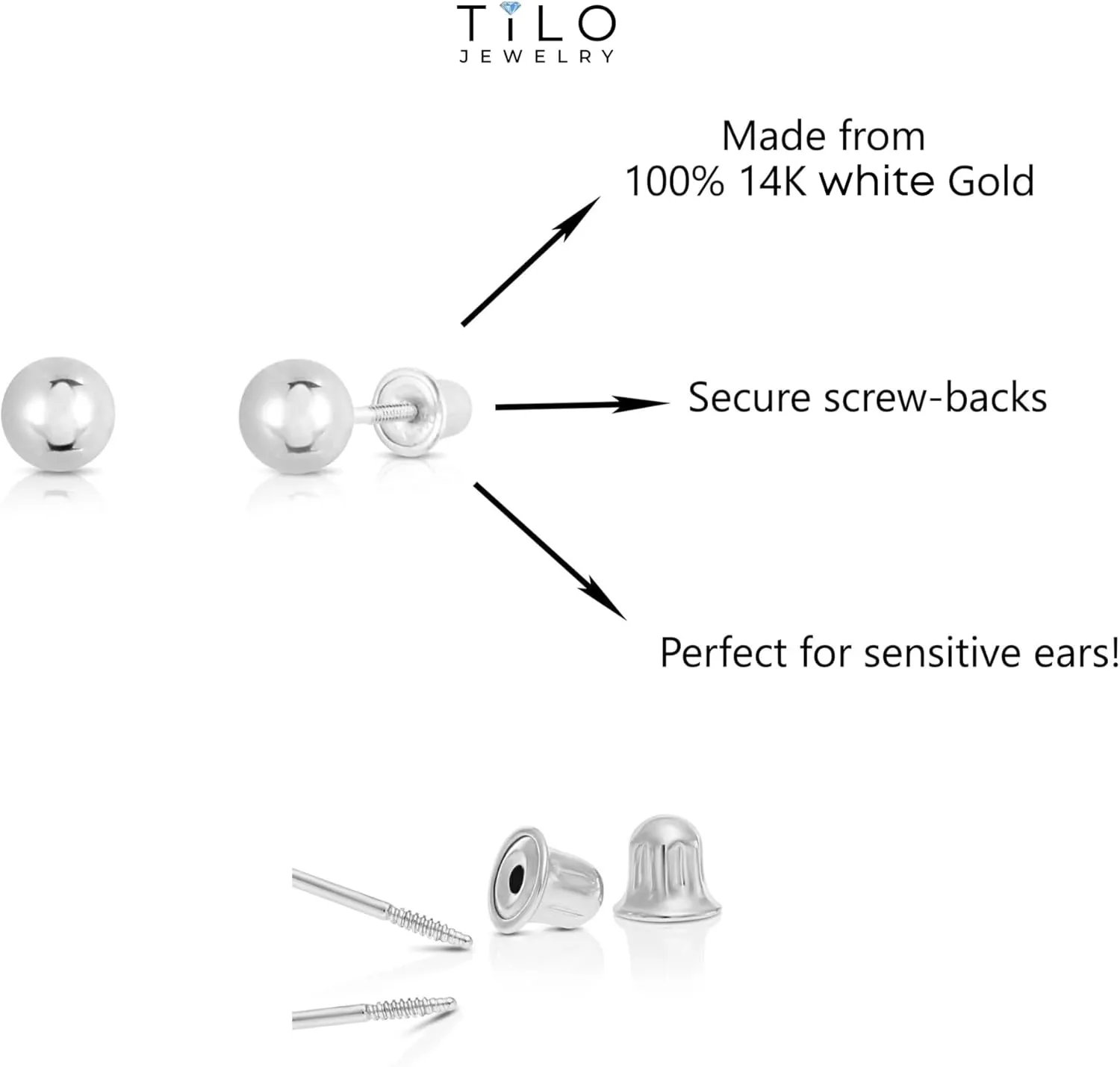 14k White Gold Ball Stud Earrings with Secure Screw-backs