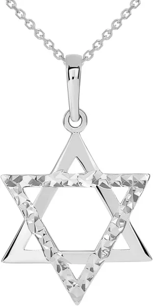 14k White Gold High Polished and Sparkle Cut Hebrew Star of David Pendant Necklace