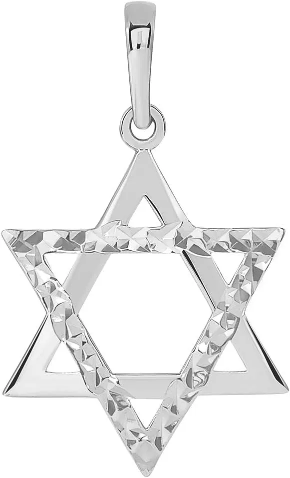 14k White Gold High Polished and Sparkle Cut Hebrew Star of David Pendant Necklace