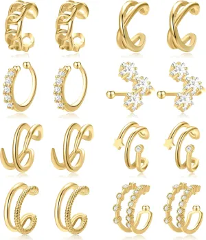 16 Pcs Fake Clip on Earrings for Women Non Piercing, Adjustable Fake Ear Cuffs Clip On Earrings Set for Gift