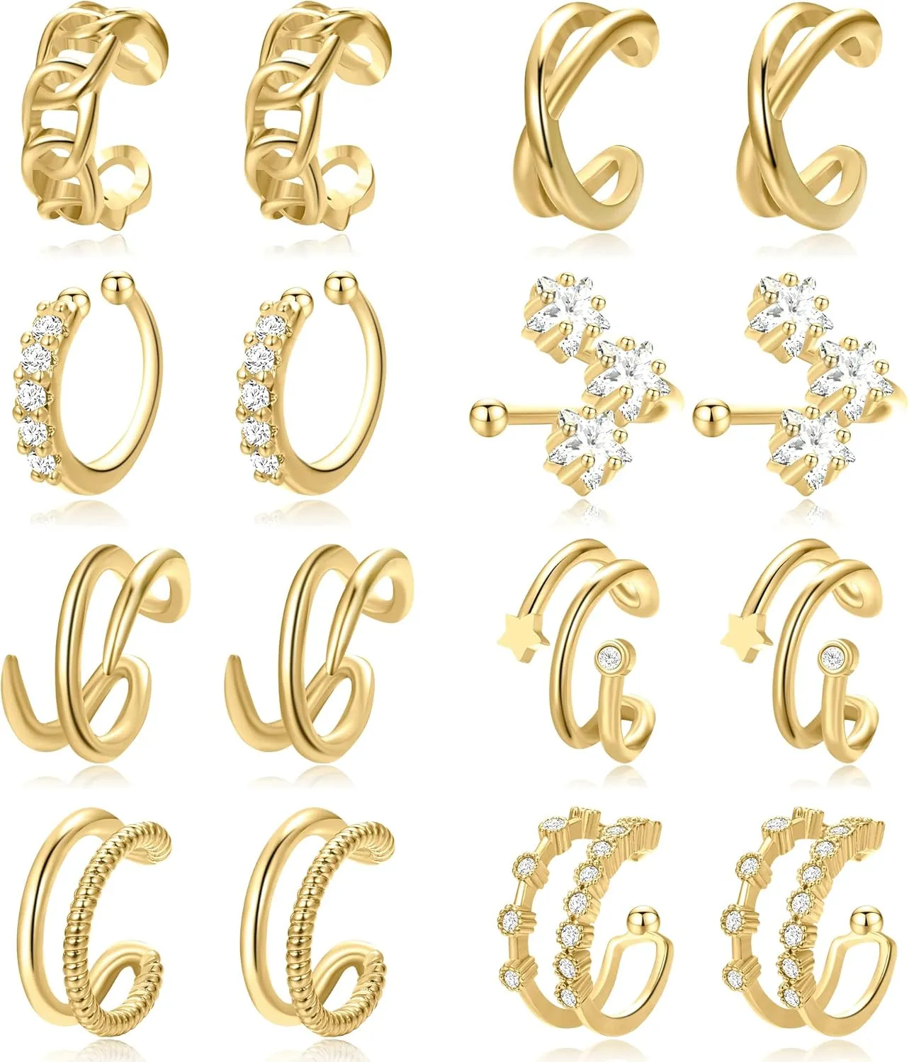 16 Pcs Fake Clip on Earrings for Women Non Piercing, Adjustable Fake Ear Cuffs Clip On Earrings Set for Gift