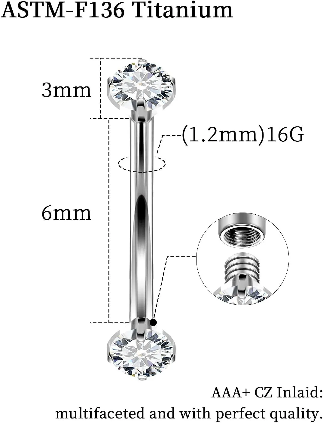 16G Astm F136 Titanium Eyebrow Piercing Jewelry Curved Barbell Eyebrow Ring Vertical Labret Lip Jewelry Daith Rook Earrings Navel Small Belly Button Ring Piercing Jewelry for Women Men CZ