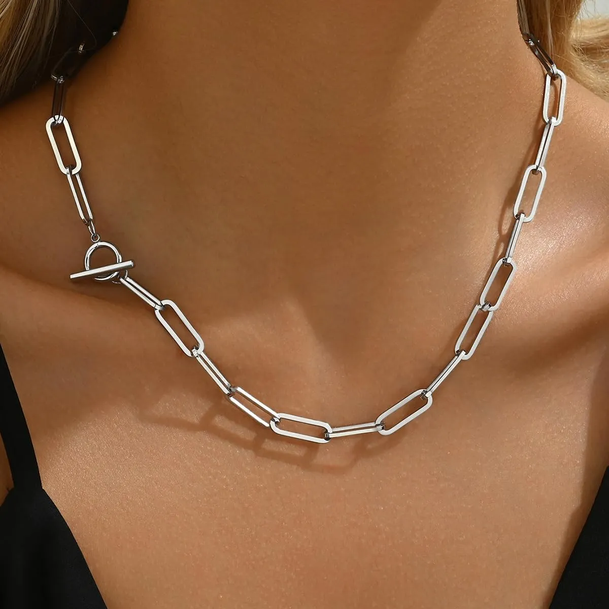 18K Gold Plated Chunky Chain Necklace for Women Dainty Cuban Paperclip Chain Toggle Bar Clasp Necklace Thick Trendy Layering Gold Chain Link Stainless Steel Jewelry