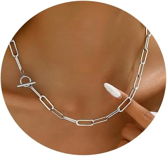 18K Gold Plated Chunky Chain Necklace for Women Dainty Cuban Paperclip Chain Toggle Bar Clasp Necklace Thick Trendy Layering Gold Chain Link Stainless Steel Jewelry