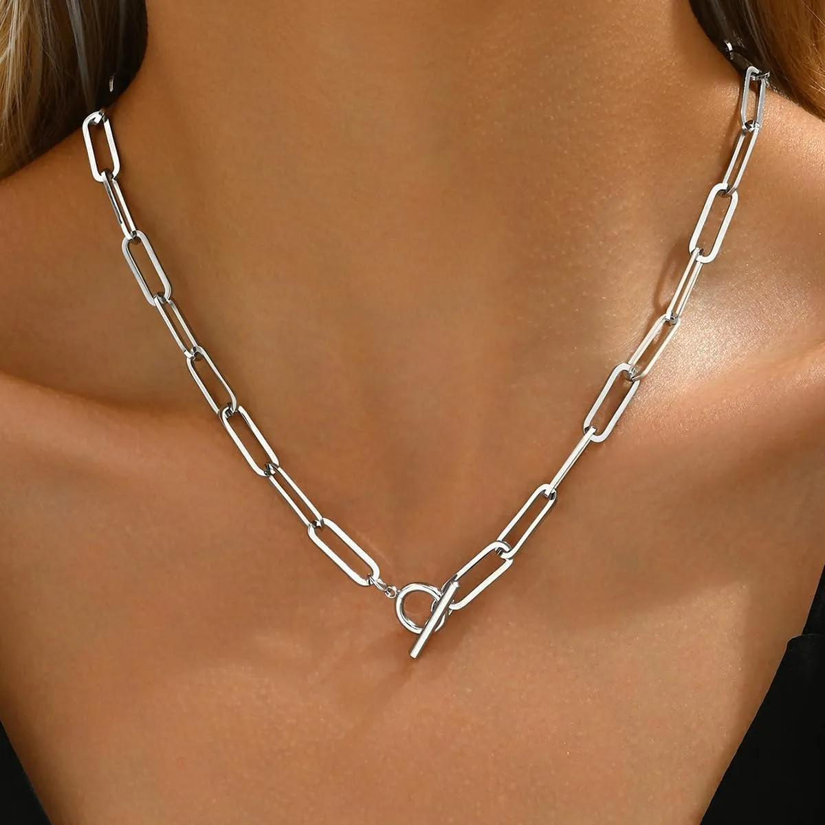 18K Gold Plated Chunky Chain Necklace for Women Dainty Cuban Paperclip Chain Toggle Bar Clasp Necklace Thick Trendy Layering Gold Chain Link Stainless Steel Jewelry