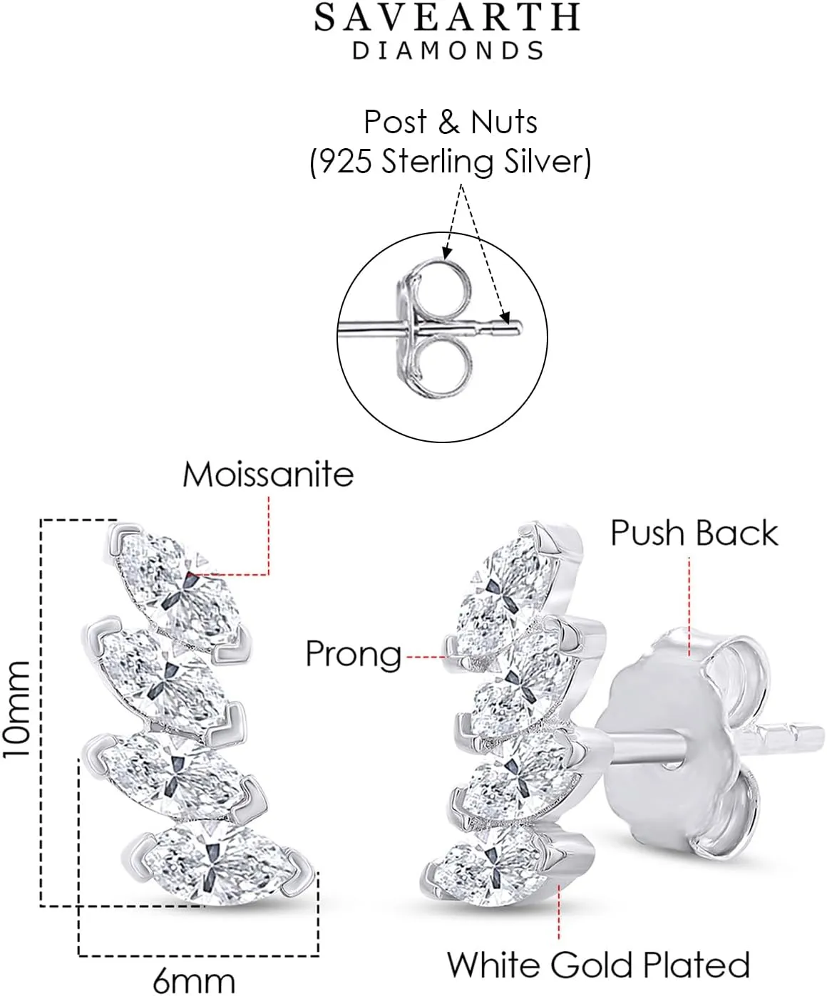 18K Gold Plated Sterling Silver Post & Push Back Crawler Earrings for Women 0.80 Carat (ctw) Moissanite Diamond Climber Earrings | Trendy Jewelry Gifts For Her