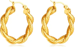 18K Gold Plated Twisted Hoop Earrings For Women Round Chunky Huggie Hoop Earrings Stainless Steel Everyday Fashion Jewelry