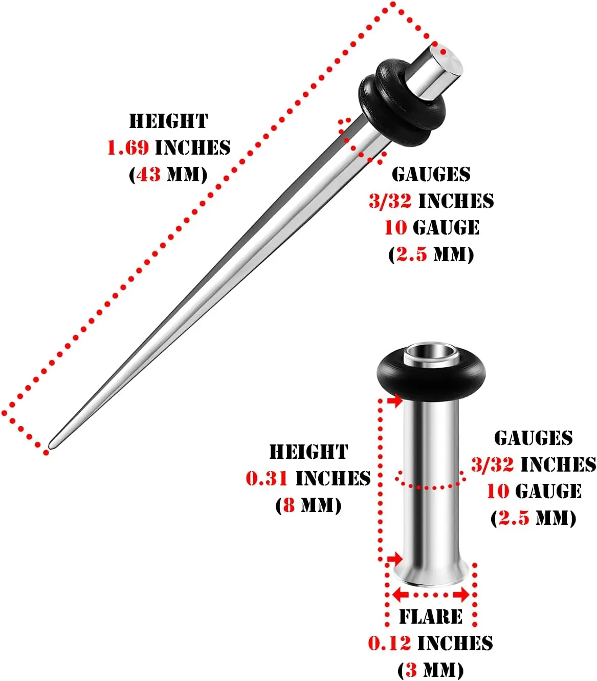 2 Pairs 316L Surgical Steel Taper Expander Single Flare Tunnel O-rings Piercing Jewelry Ear Stretching Earring Lobe Plugs