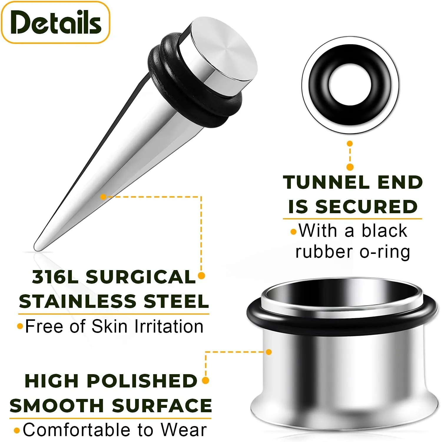 2 Pairs 316L Surgical Steel Taper Expander Single Flare Tunnel O-rings Piercing Jewelry Ear Stretching Earring Lobe Plugs