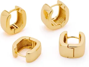 2 Pairs Small Thick Gold Chunky Hoop Earrings Lightweight Gold Plated Square Huggie Hoops for Women Girls