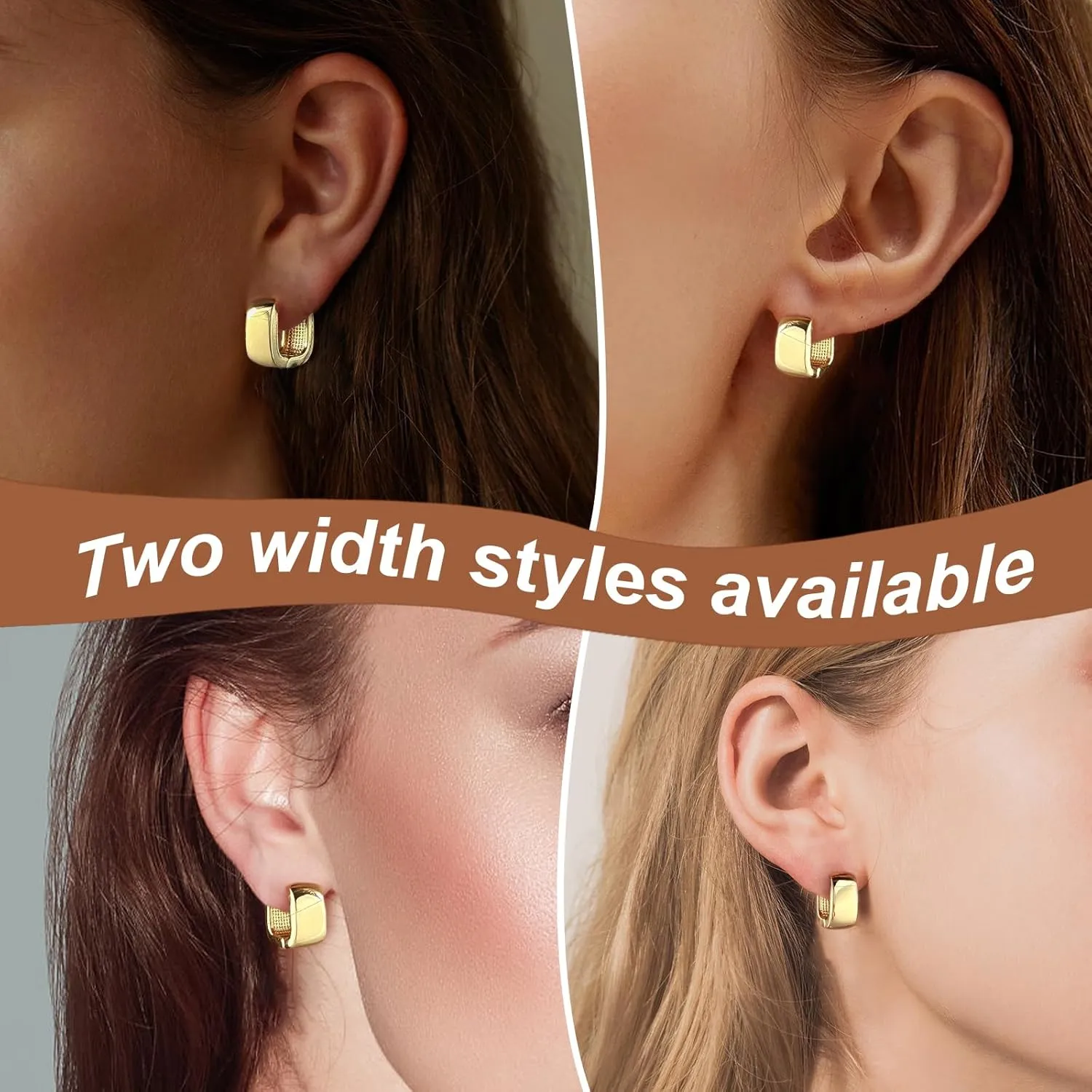 2 Pairs Small Thick Gold Chunky Hoop Earrings Lightweight Gold Plated Square Huggie Hoops for Women Girls