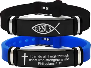 2 Pcs Christian Bracelet - Jesus Fish Bracelet&Religious Bible Verse Bracelet Scripture Quotes Inspirational Bracelet Adjustable Silicone Bracelets for Men Women