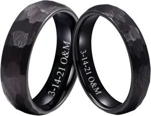 2 Pcs Matching Couples Ring Personalized Promise Rings for Couples Black Ring Set of 2 Wedding Band for Him and Her Engagement Rings Hammered Tungsten Ring