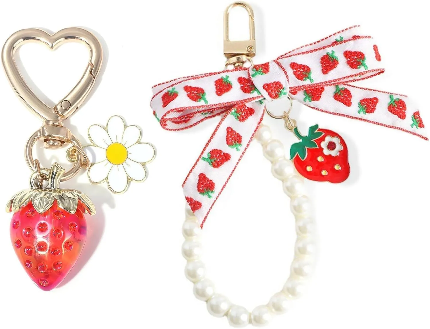 2 Pcs Strawberry Decor Bag Charms Cute Heart Flower Daisy Keychain Purse Charms Pearl Bow Kawaii Car Keychains Strawberry Accessories Gift Decor for Women Girls Bag Phone Hand