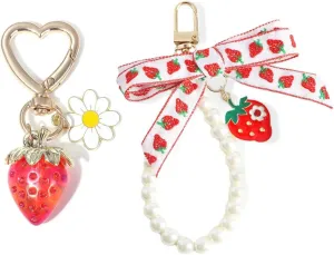 2 Pcs Strawberry Decor Bag Charms Cute Heart Flower Daisy Keychain Purse Charms Pearl Bow Kawaii Car Keychains Strawberry Accessories Gift Decor for Women Girls Bag Phone Hand