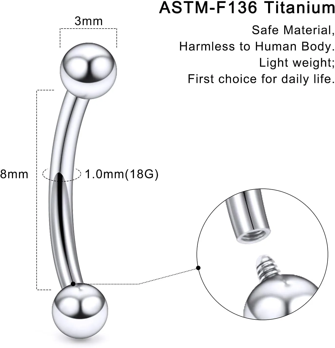 20G 18G 16G 14G 12G 8G 6G 4G 2G Astm F136 Titanium Internal Thread Eyebrow Piercing Jewelry Curved Barbell Vertical Labret Lip Daith Rook Earrings Navel Belly Button Ring Piercing Jewelry