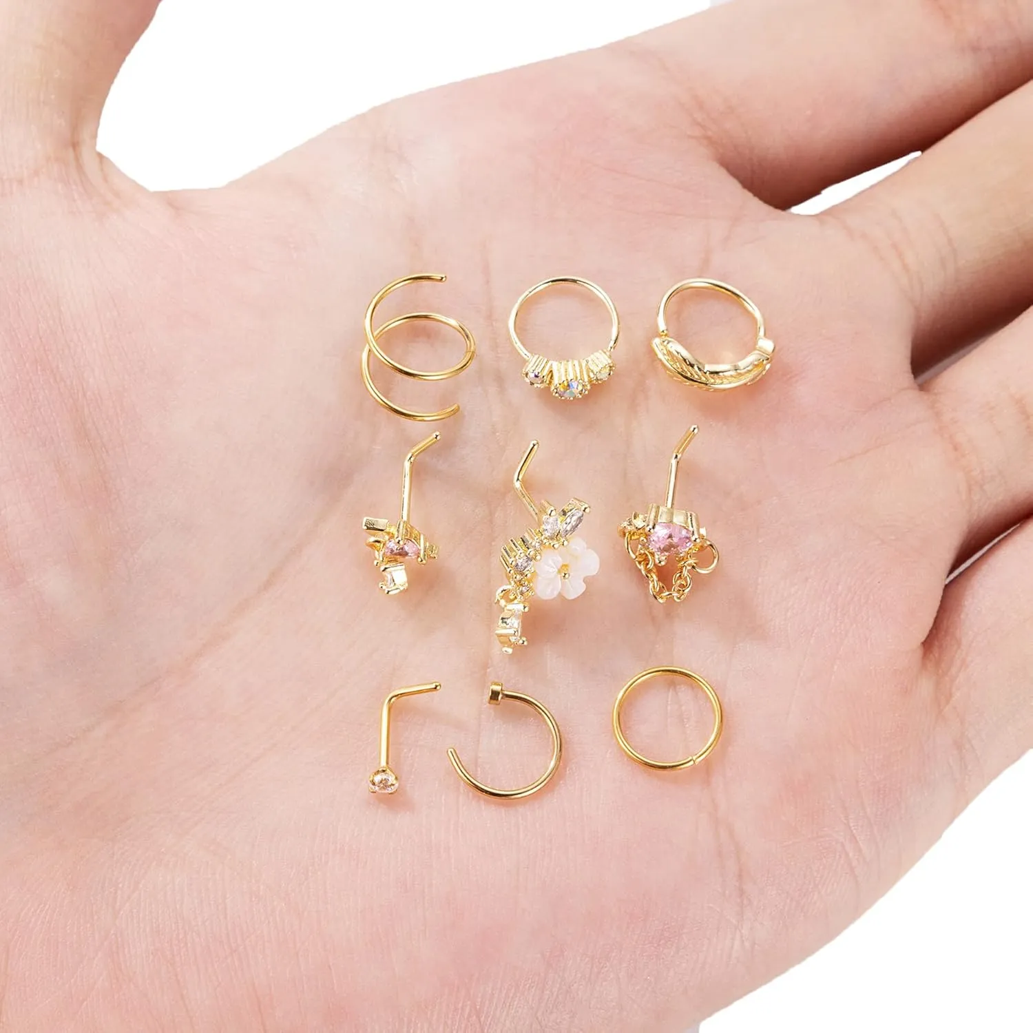 24Pcs 20G Stainless Steel Nose Ring Chain Piercing Across Double Nose Stud with Nose Chain Nostril Piercing Jewelry