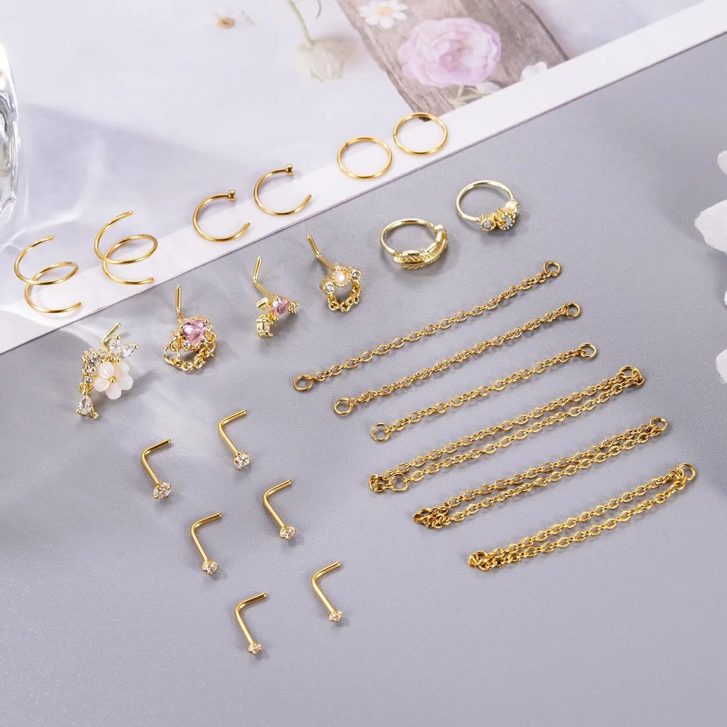24Pcs 20G Stainless Steel Nose Ring Chain Piercing Across Double Nose Stud with Nose Chain Nostril Piercing Jewelry