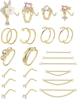 24Pcs 20G Stainless Steel Nose Ring Chain Piercing Across Double Nose Stud with Nose Chain Nostril Piercing Jewelry