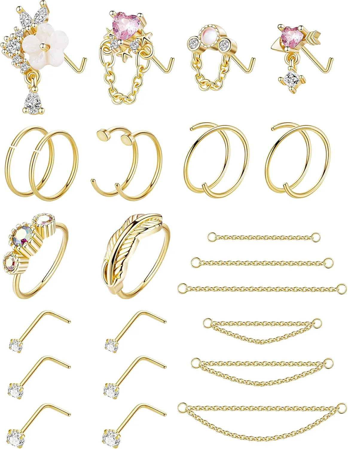 24Pcs 20G Stainless Steel Nose Ring Chain Piercing Across Double Nose Stud with Nose Chain Nostril Piercing Jewelry