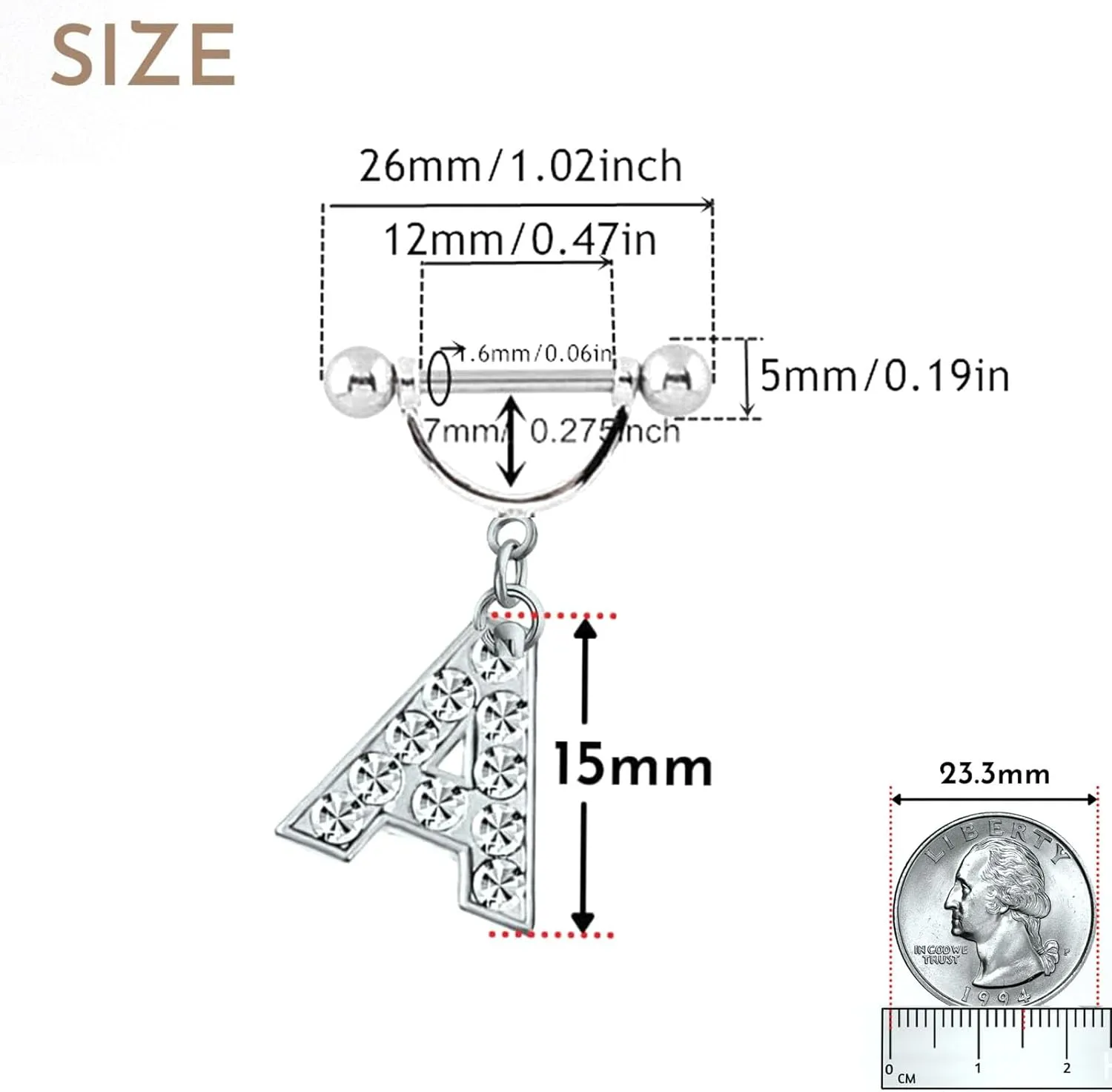 2Pcs 14GA Stainless Steel Nipple Rings Name Initial Letter Nipple Barbell for Women Men English Alphabet Hypoallergenic Body Piercing Jewelry
