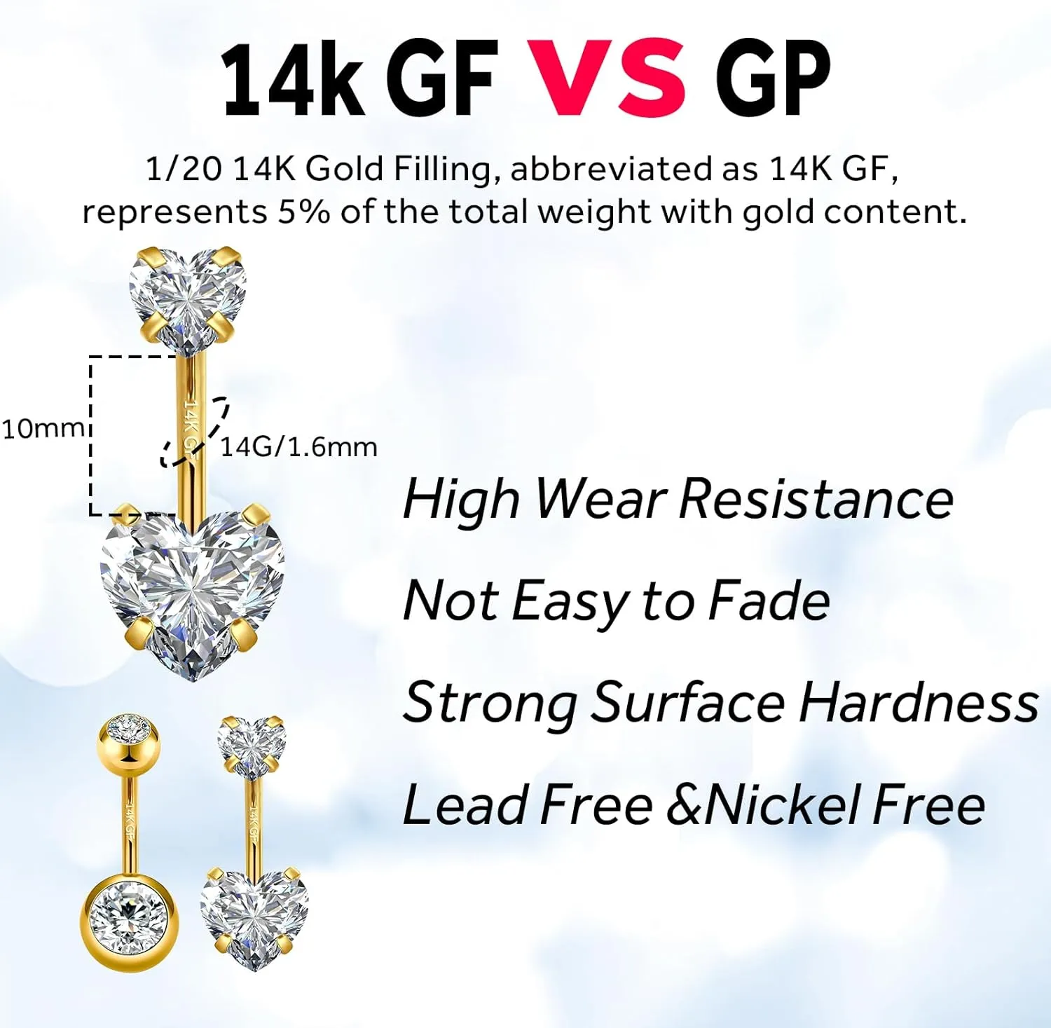 2pcs 14k Gold Filled Belly Button Rings, 14G 10mm/12mm Threaded Barbell Belly Button Piercing, Navel Ring Piercing Jewelry