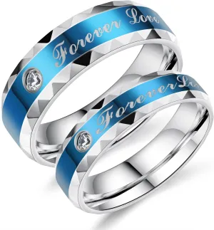 2pcs Blue Stainless Steel Forever Love Cz Couple Rings Men Women Wedding Engagement Band Sets