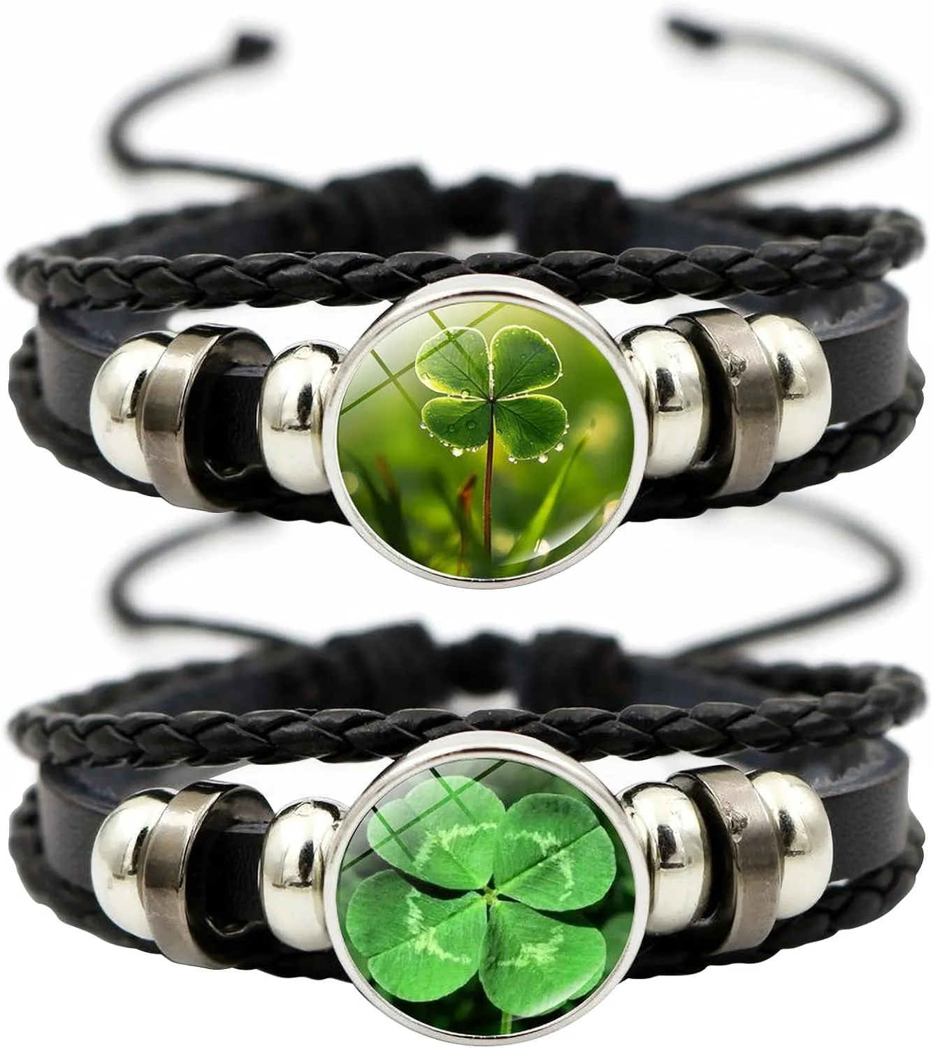 2Pcs Men's Four Leaf Clover Bracelet Irish Shamrock Bracelet Adjustable Leather Braided St Patricks Day Bracelets for Father Husband Couples Jewelry