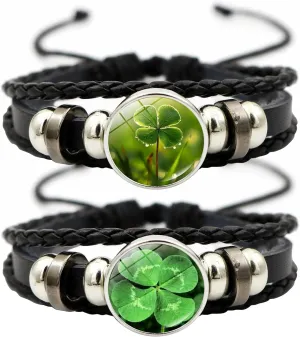 2Pcs Men's Four Leaf Clover Bracelet Irish Shamrock Bracelet Adjustable Leather Braided St Patricks Day Bracelets for Father Husband Couples Jewelry