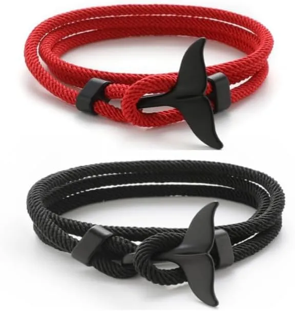 2PCS Ocean Series Bracelet Whale Tail Shark Bracelets Handmade Orca Tail Sea Animal String Wrap Rope Nautical Parachute Cord for Couples Best Friends Ocean Lovers